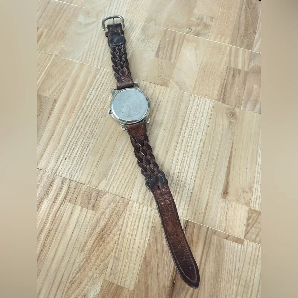 Vintage guess ladies silver tone brown braided leather watch NEW BATTERY